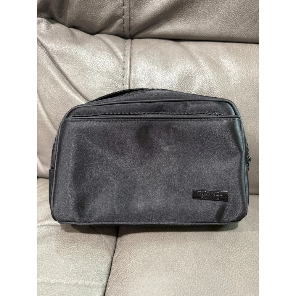Chanel Parfums Black Satin Cosmetic Pouch Toiletry Bag Makeup Case Logo‎ Lined